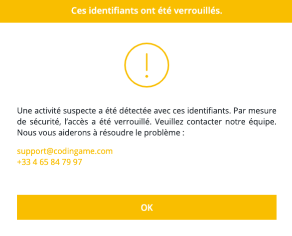Une fenêtre qui indique "ces informations d'identification ont été verrouillées" avec un point d'exclamation et un lien vers le support de coderpad/codingame.
