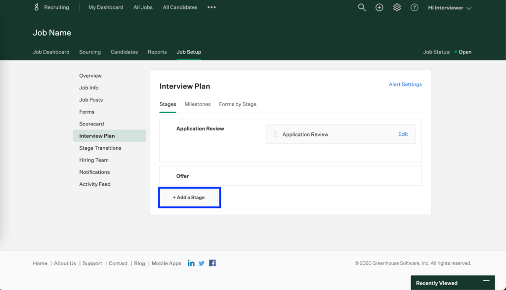 In greenhouse the "job setup" tab has been selected at the top of the screen and in the left nav menu the "interview plan" tab is selected. On the window the "+add a stage" button is highlighted.