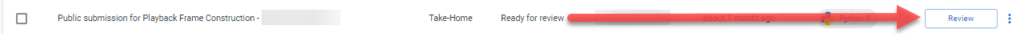 The pads list is displayed with an arrow pointing toward the "review" button of a completed pad.