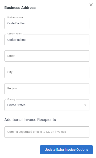 Extra information screen where you can update the business name, contact name, company address, and add additional invoice recipients.