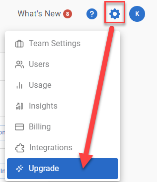 The settings menu is shown with the "upgrade" button highlighted.