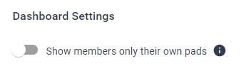 under the dasboard settings section, the "show members only their own pads" toggle is shown.