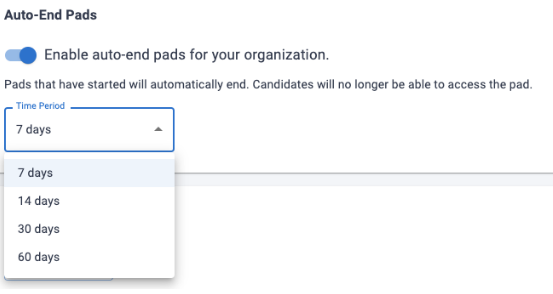 The auto-end pads toggle is shown along with the option to set the time period to end the pads.