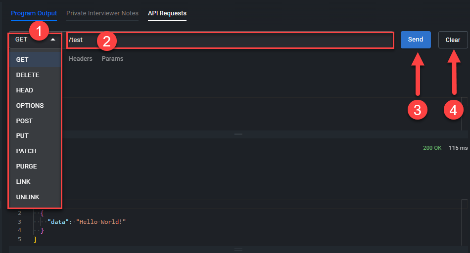The API client window with a #1 next to the HTTP verb dropdown in the top left, a #2 next to the url bar in the top center, a #3 next to the send button at the right of the url bar, and a #4 next to the clear button which is to the right of the send button.