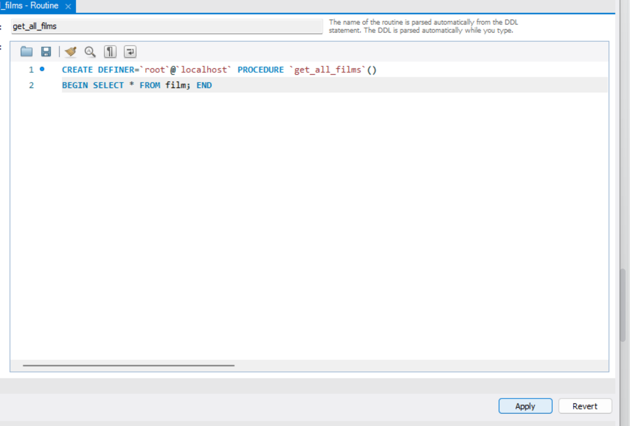 Altering a Stored Procedure in the MySQL Workbench GUI step 2 An image showing the stored procedure edit window in MySQL Workbench