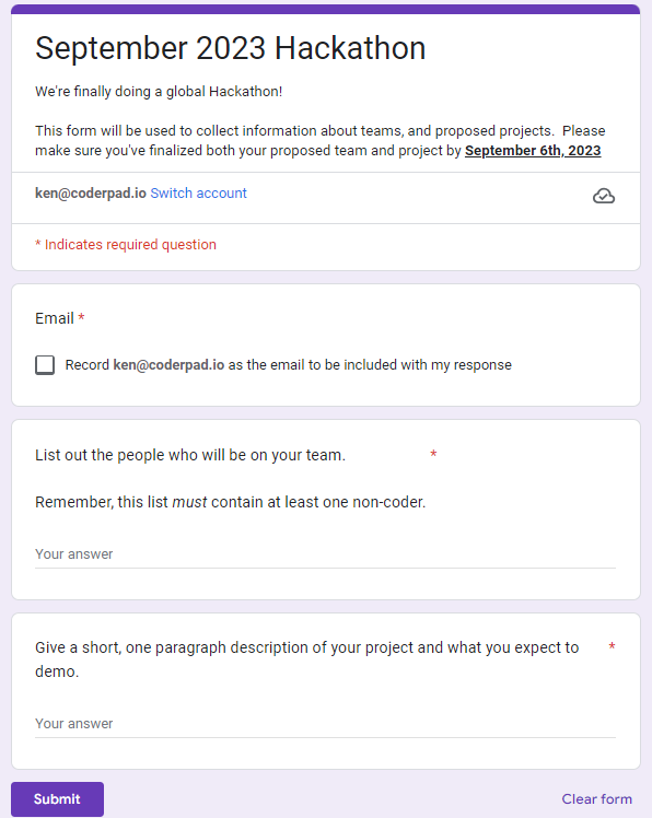 Form that asks who will be on the hackathon team and what the project will be.